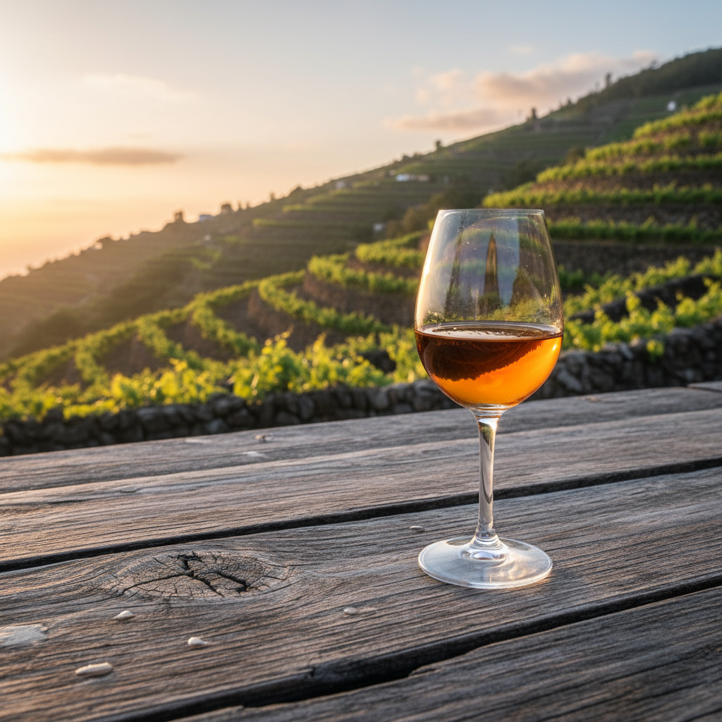 Taça de vinho da Madeira dourado sobre mesa de madeira rústica com vinhedos da ilha ao fundo.