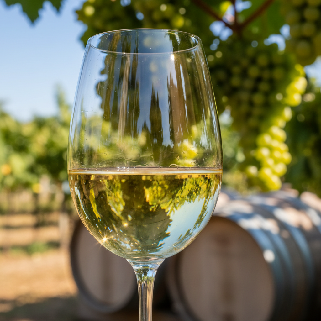 Taça de vinho branco Sercial, límpido e brilhante, com um vinhedo ensolarado ao fundo e barris de madeira embaçados.