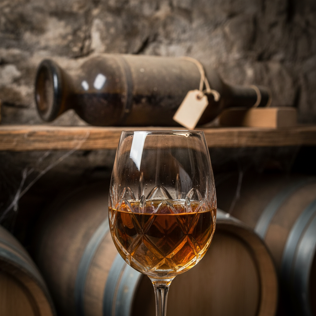 Taça de vinho Sercial de cor âmbar dourada em primeiro plano, com garrafas antigas e barris de carvalho desfocados ao fundo em uma adega escura, transmitindo a ideia de envelhecimento e sofisticação.