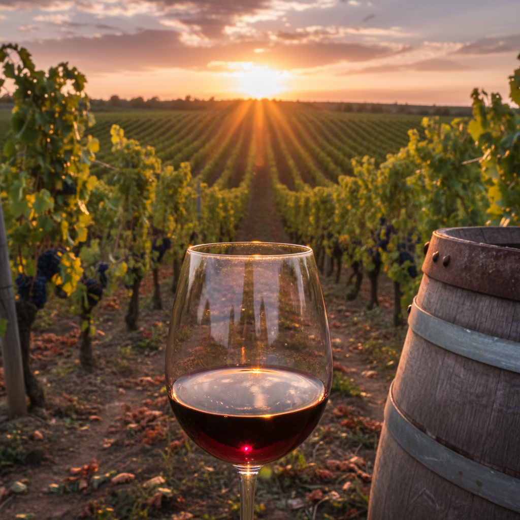 Vinhedo sérvio ao pôr do sol com taça de vinho tinto e barril, simbolizando a crescente excelência vinícola da Sérvia.