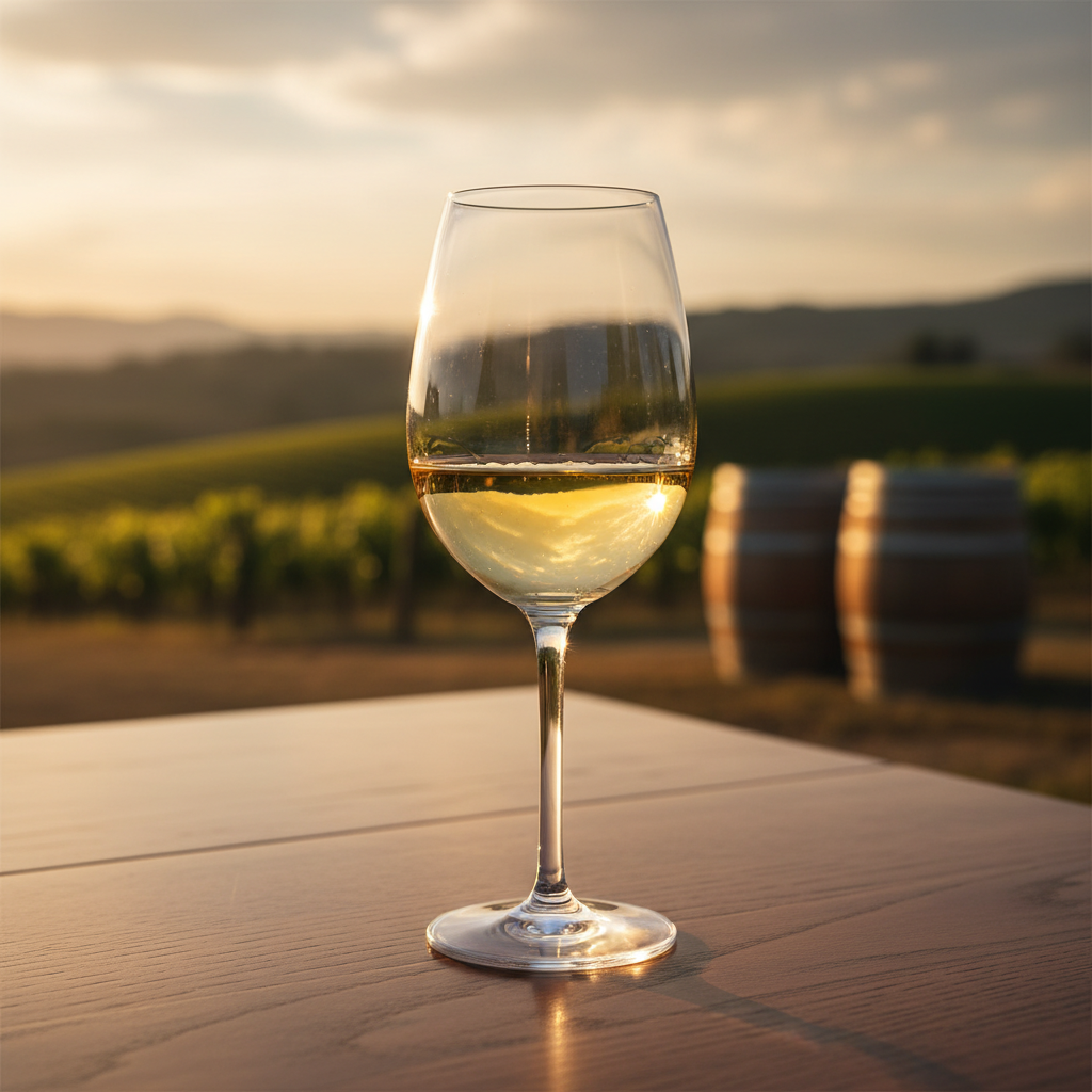 Taça de vinho Chardonnay em uma mesa, com um vinhedo e barris de carvalho desfocados ao fundo, ilustrando o ambiente ideal para servir.