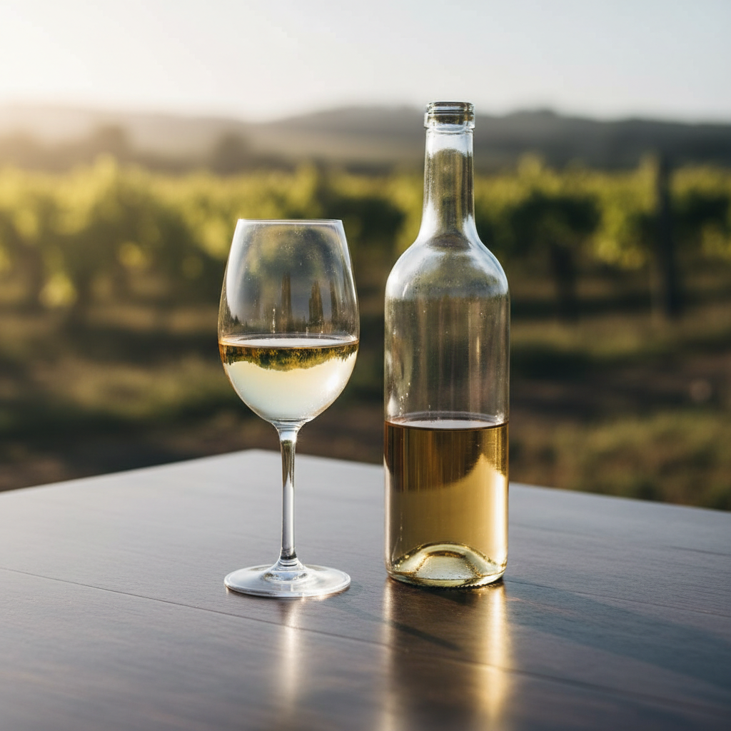 Taça de vinho Chenin Blanc com reflexos dourados sobre mesa de madeira, com vinhedo ensolarado desfocado ao fundo, sob luz natural.