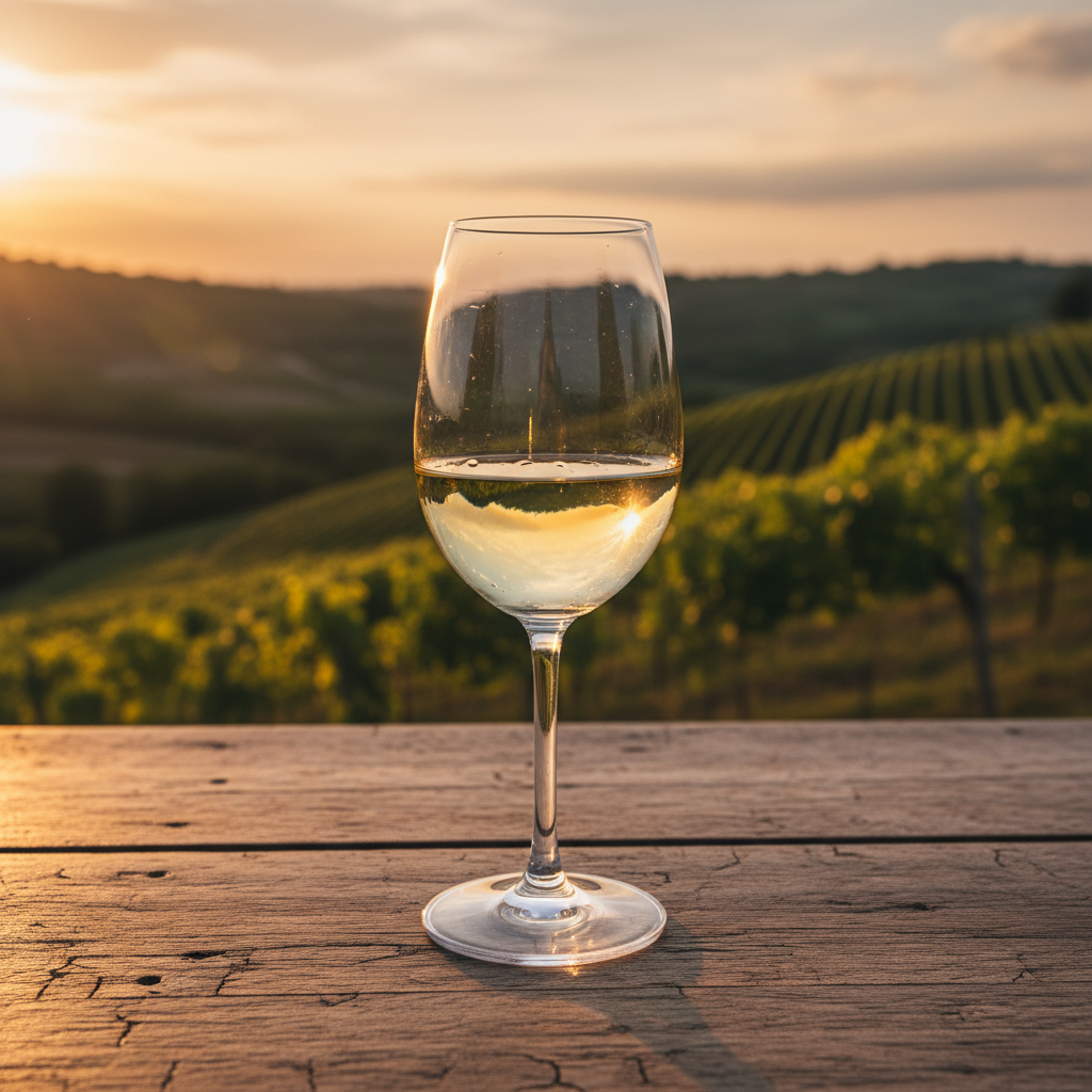 Taça de vinho Pecorino em uma mesa de madeira rústica, com um vinhedo italiano ensolarado ao fundo, criando uma atmosfera convidativa.