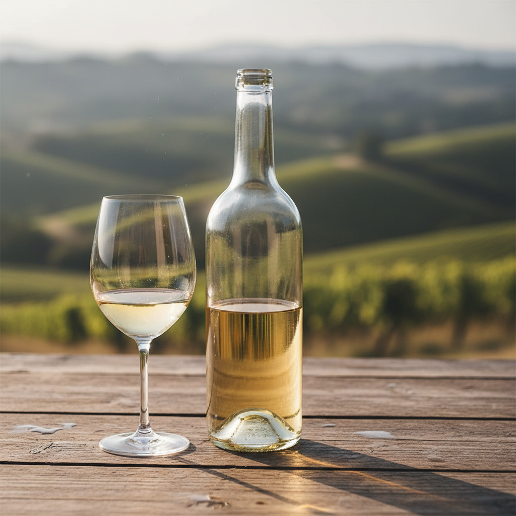 Garrafa de vinho Roussanne e taça em uma mesa de madeira, com luz natural e vinhedo ao fundo, sugerindo o ambiente ideal para degustação.
