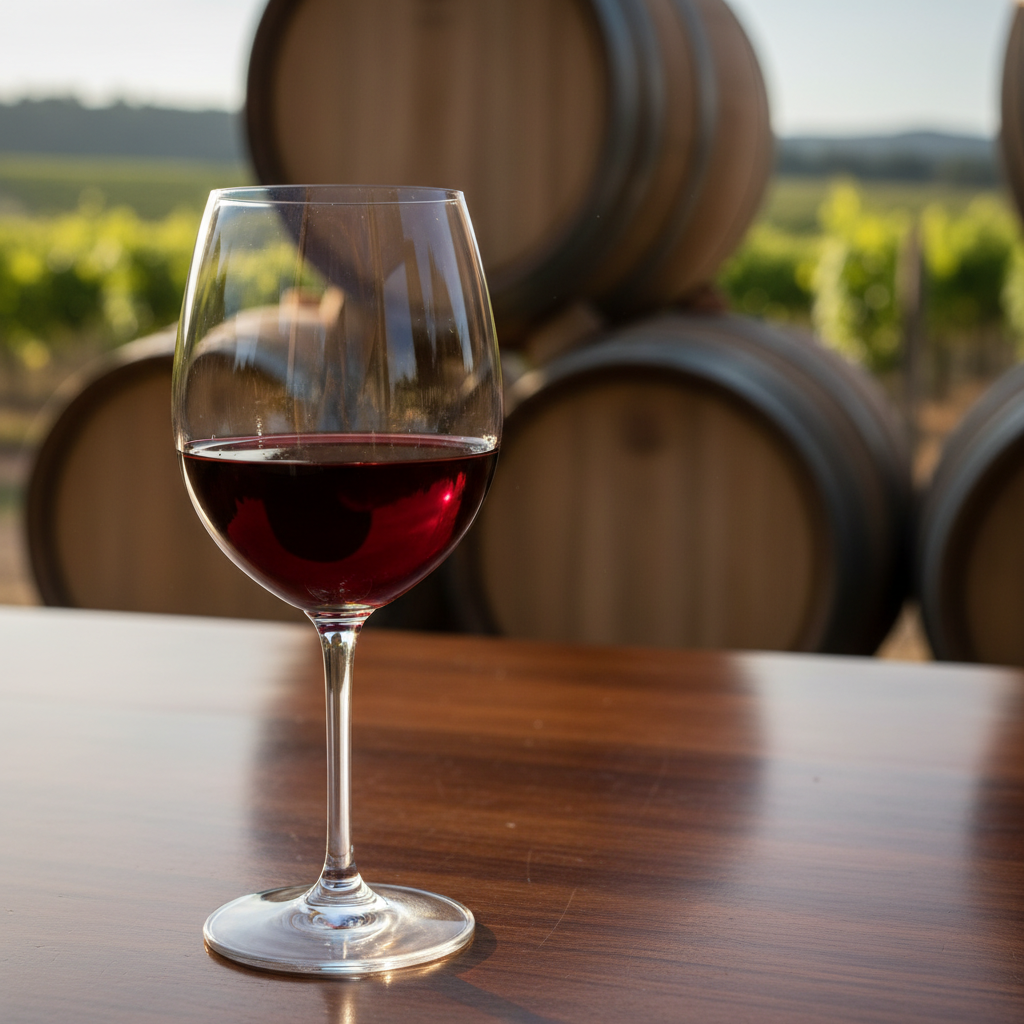 Taça de vinho Saperavi com reflexos rubi sobre uma mesa de madeira rústica, com barris de carvalho e vinhedos desfocados ao fundo, evocando a tradição vinícola.