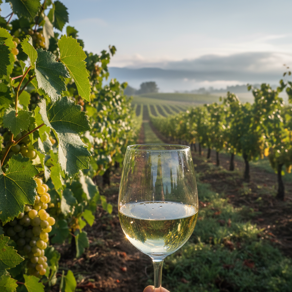 Vinhedo de Seyval Blanc em uma manhã fresca, com um copo de vinho branco pálido e brilhante em primeiro plano, refletindo a luz matinal.