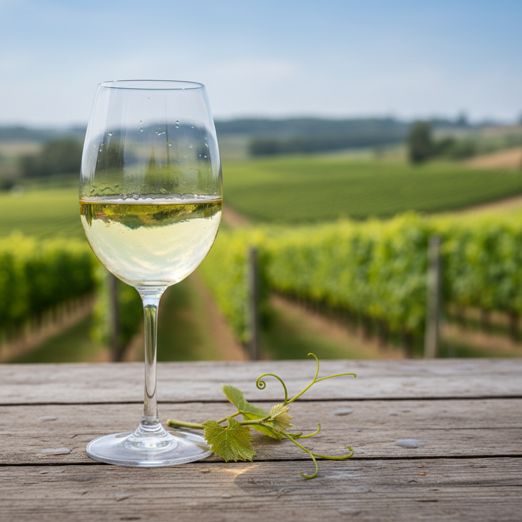 Taça de vinho branco Seyval Blanc de cor amarelo-claro em mesa de madeira, com vinhedo verde exuberante ao fundo.