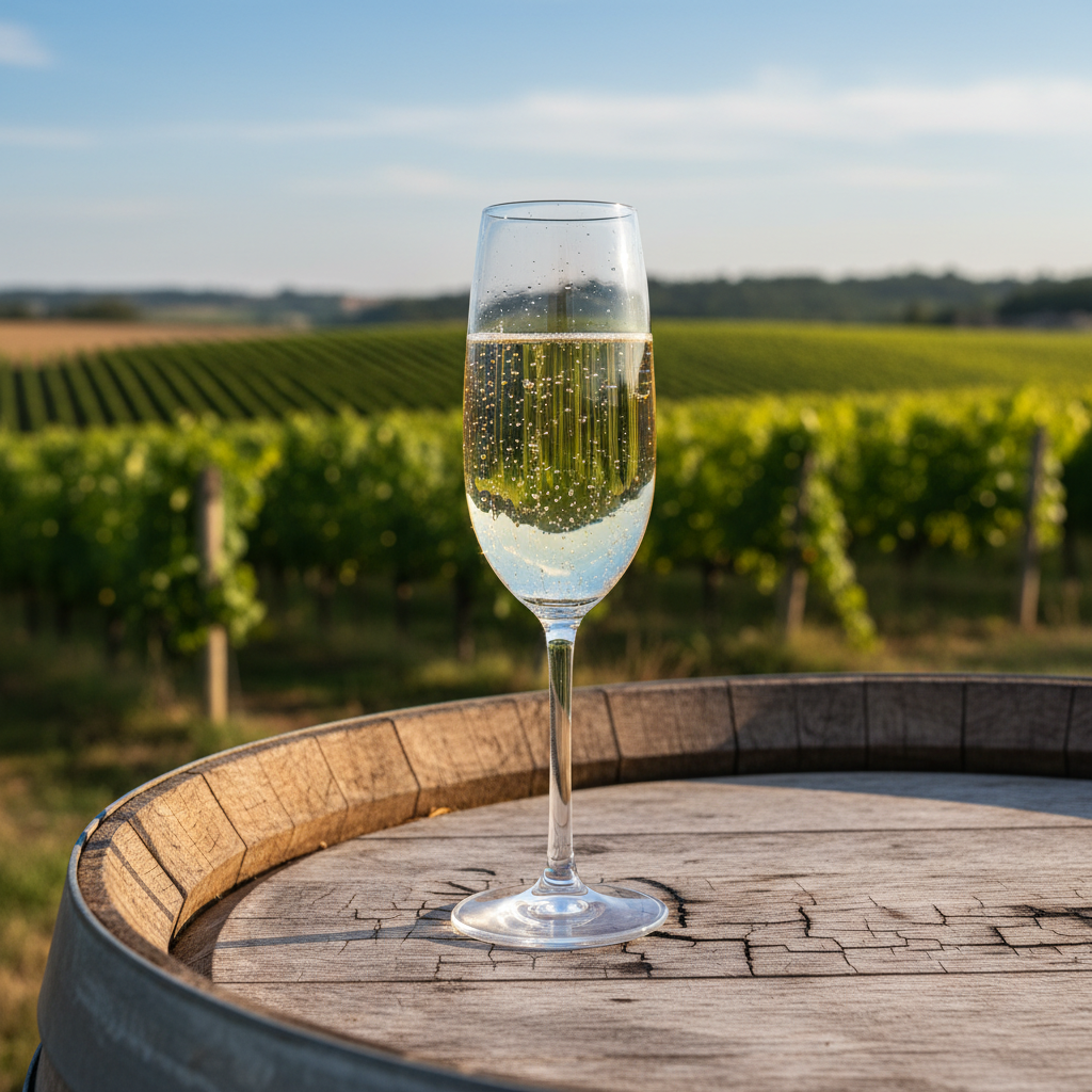 Taça de vinho espumante Seyval Blanc com bolhas finas, repousando sobre um barril de madeira em um vinhedo ensolarado.