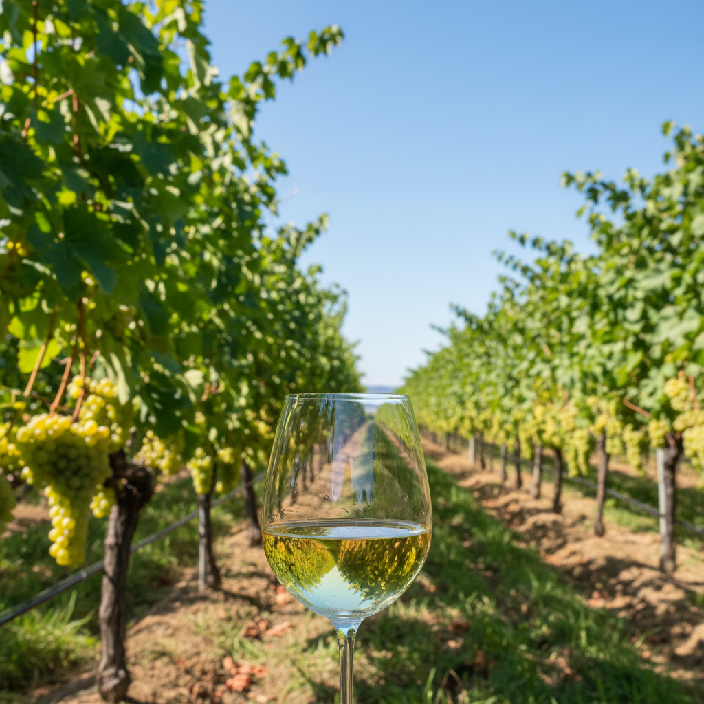 Vinhedo ensolarado com uvas de pele clara e uma taça de vinho branco pálido, simbolizando a frescura e o potencial da Seyval Blanc.