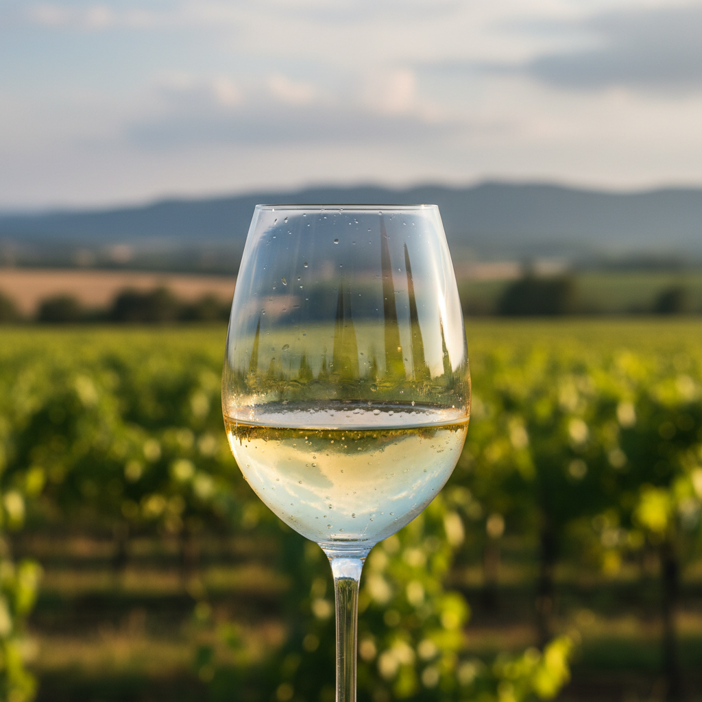Taça de vinho branco Seyval Blanc com vinhedo em segundo plano, evocando frescor e uma degustação agradável.