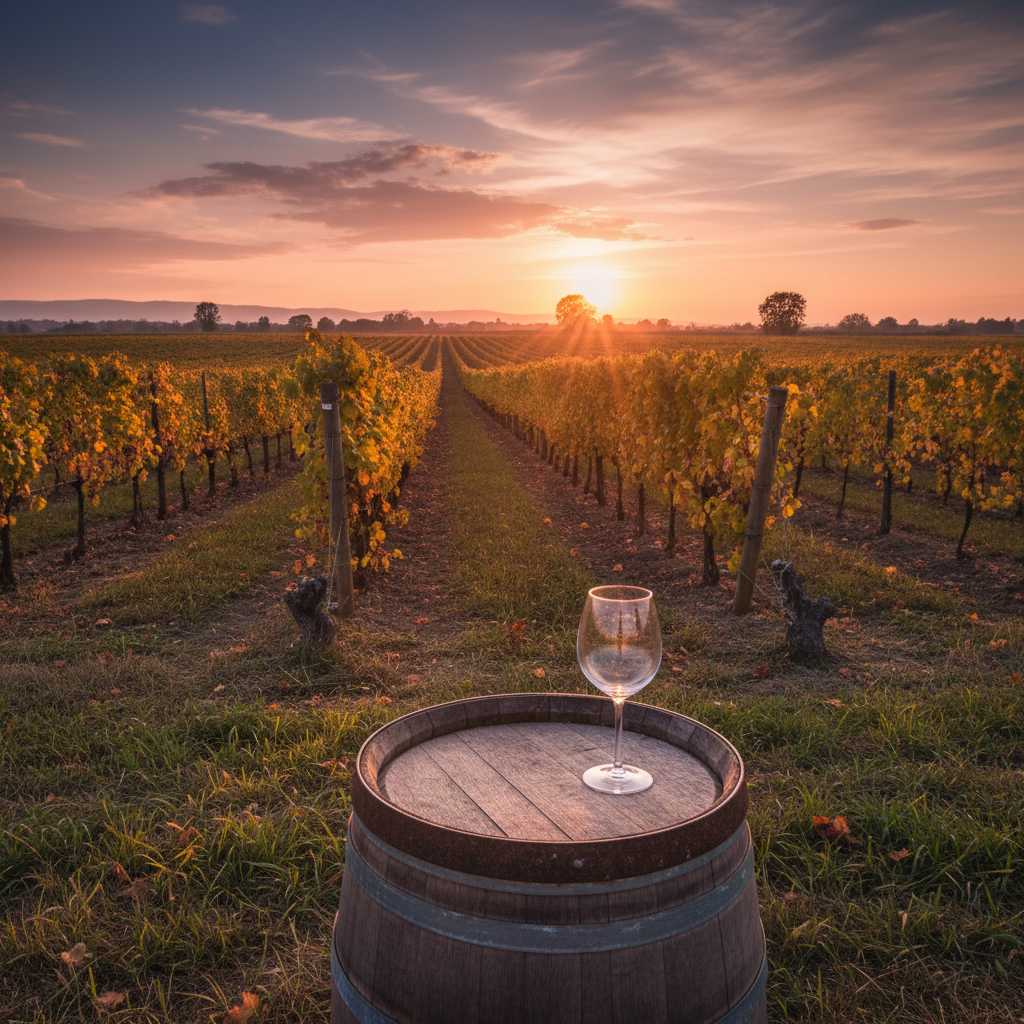 Vinhedo ensolarado ao pôr do sol com uma taça de vinho vazia sobre um barril de madeira, evocando a origem da uva Muscat.