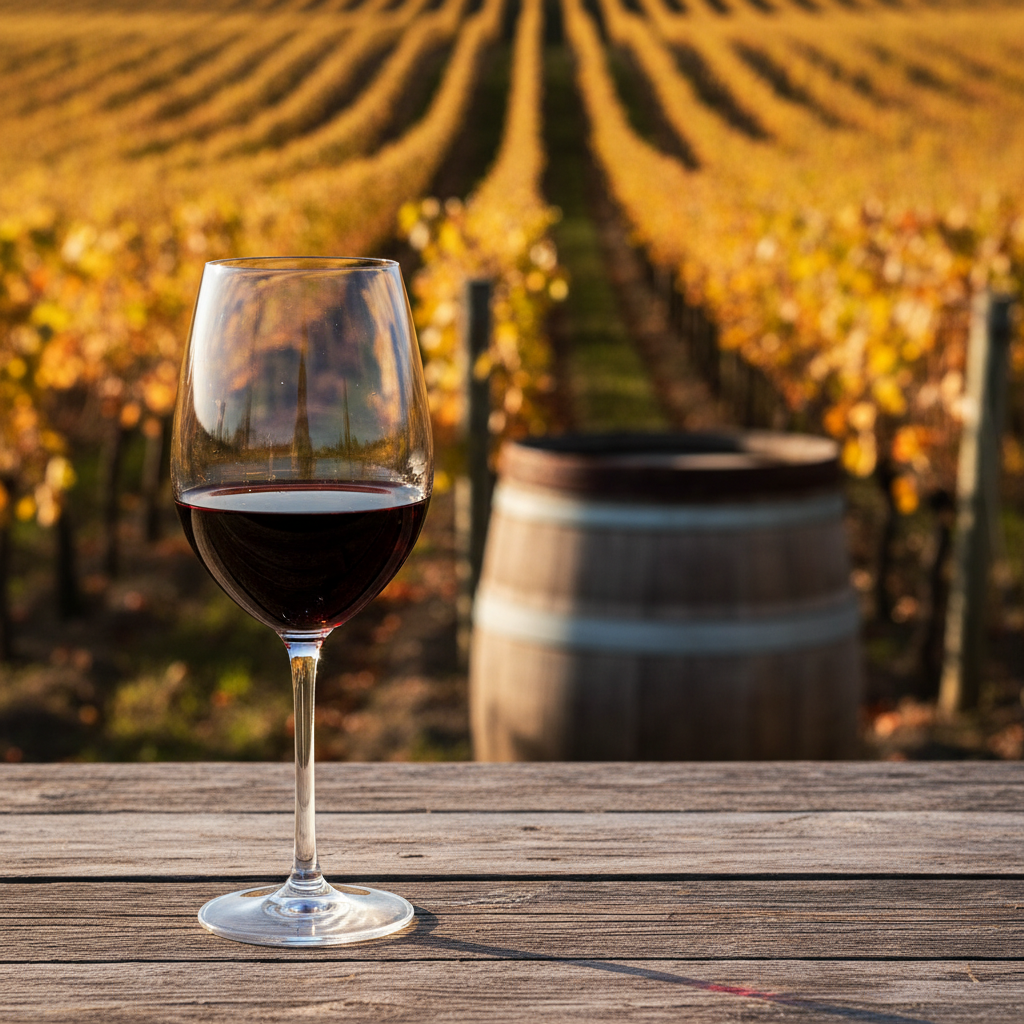Taça de vinho tinto St. Laurent com reflexos rubi, em primeiro plano, com um vinhedo outonal e um barril de carvalho desfocado ao fundo, sob luz solar quente.