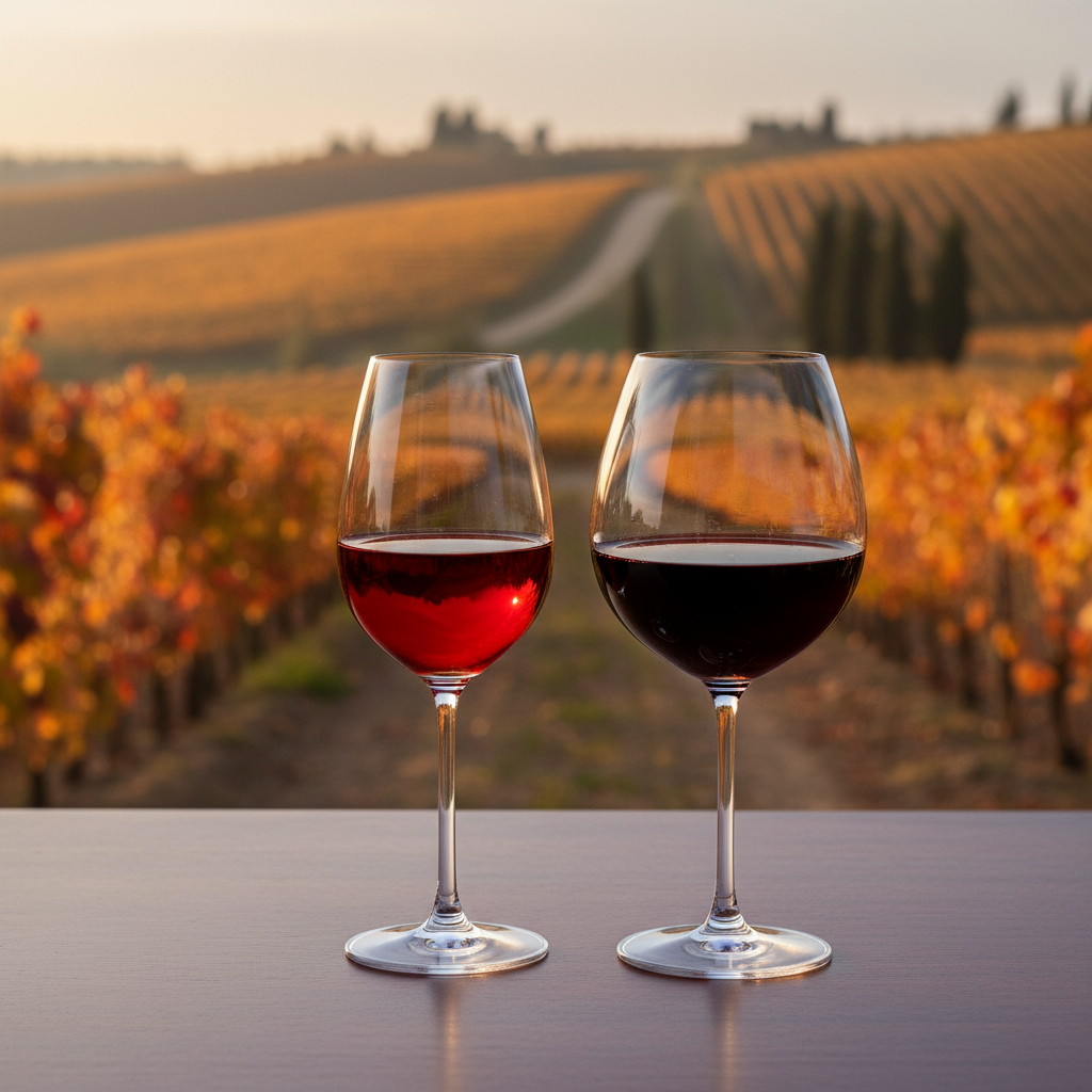 Duas taças de vinho tinto, uma de cor rubi e outra de cor granada, sobre uma mesa de madeira polida, com um vinhedo outonal desfocado ao fundo.