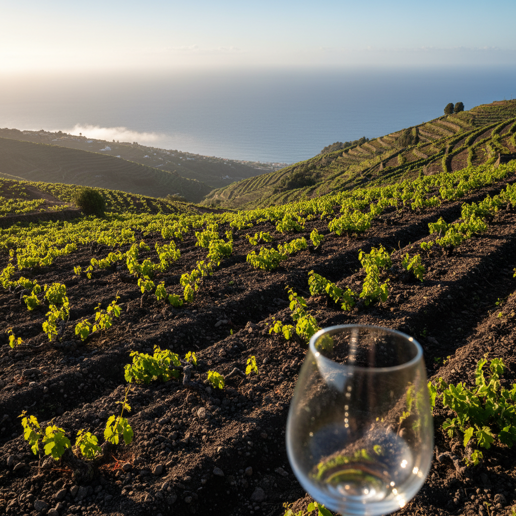Vinhedo de Sercial em encosta íngreme com solo vulcânico e vista para o oceano, sob a luz do sol, representando o terroir único da uva Sercial.