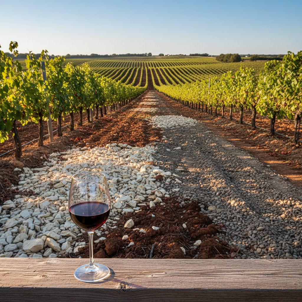 Vinhedo ensolarado com diferentes texturas de solo expostas (calcário, argila escura, cascalho) e uma taça elegante de vinho tinto em primeiro plano, simbolizando a influência do terroir no caráter do vinho.