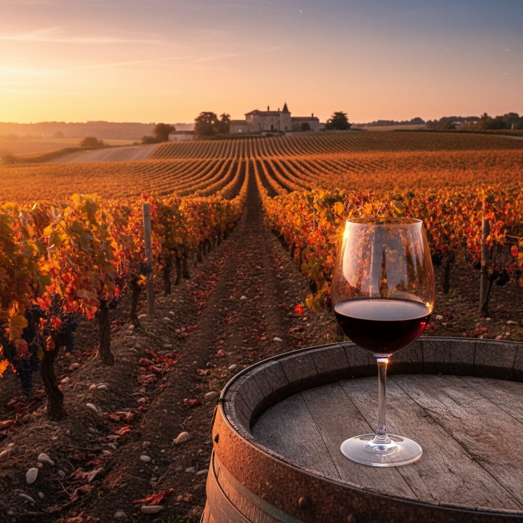 Vinhedo lendário ao pôr do sol com uvas tintas, taça de vinho tinto sobre barril de carvalho, simbolizando a expressão máxima do terroir.