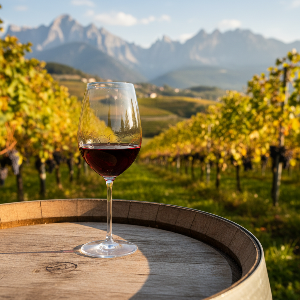 Taça de vinho Schiava com reflexos de um vinhedo ensolarado no Alto Adige, Itália.