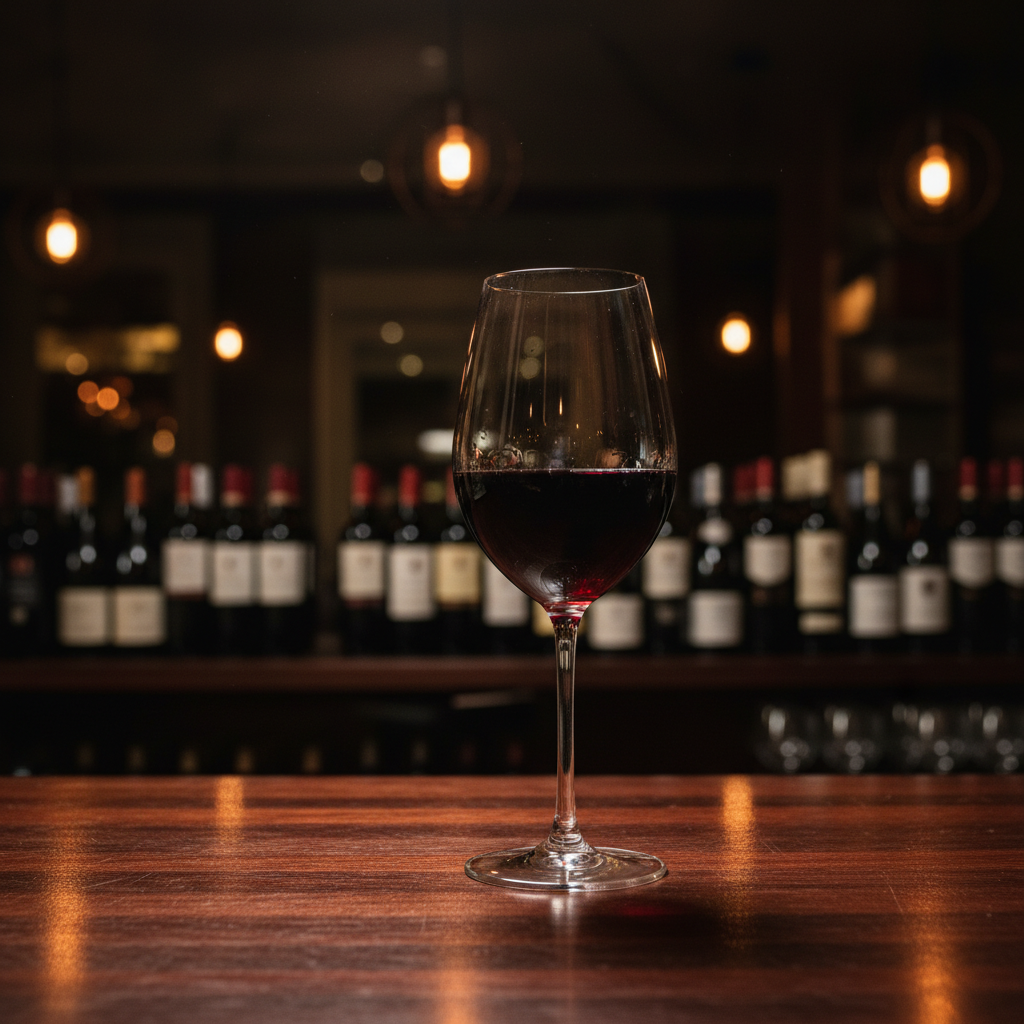 Taça de vinho tinto elegante em um bar de vinhos sofisticado com iluminação ambiente e garrafas ao fundo.