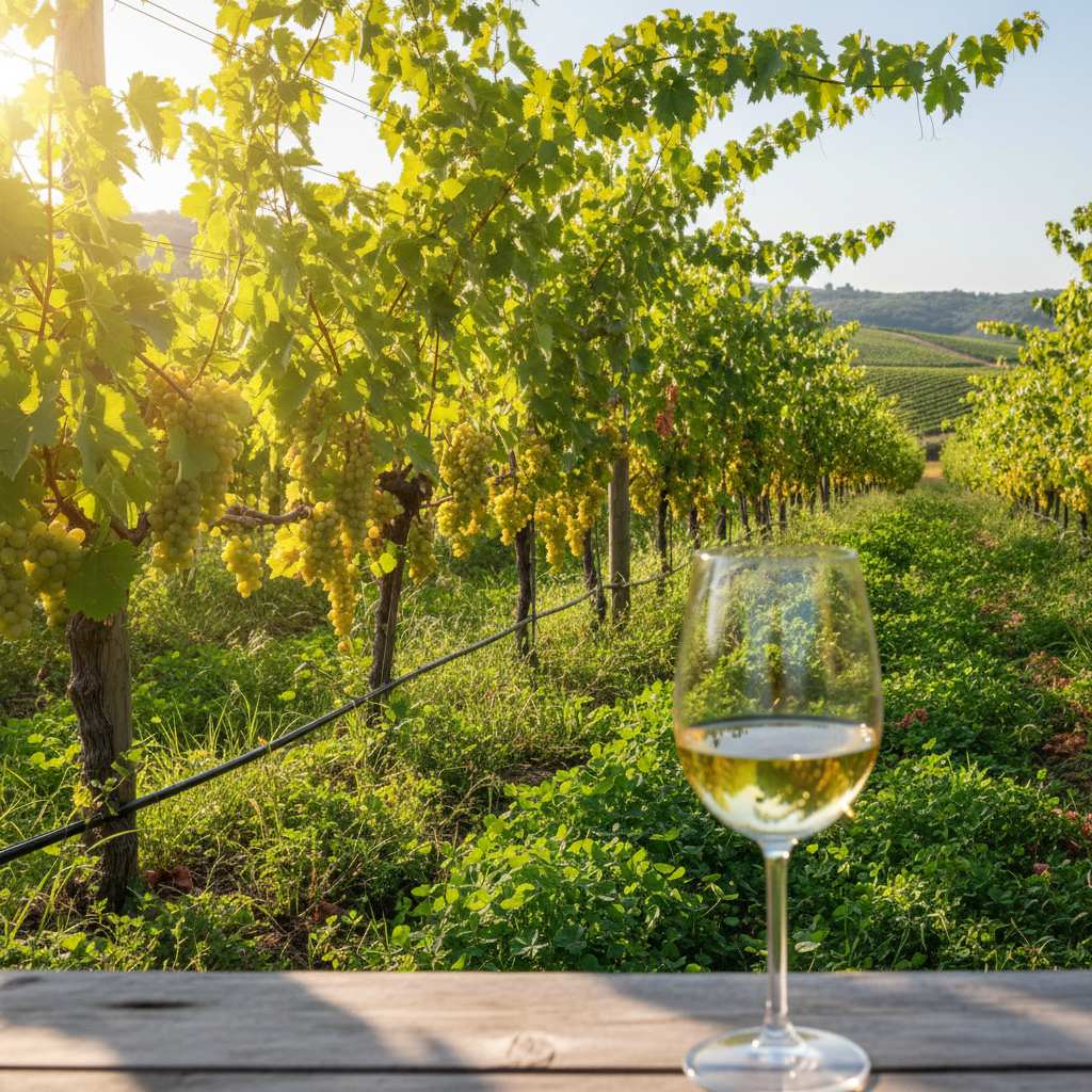 Um vinhedo de Trebbiano exuberante e moderno, destacando práticas de viticultura sustentável, com uma taça de vinho branco em primeiro plano, simbolizando o futuro da uva.