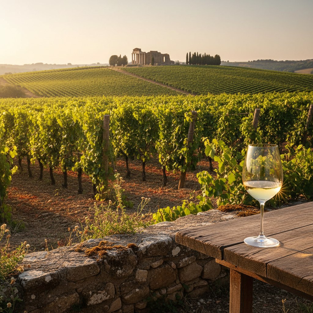Vinhedo histórico italiano ao pôr do sol com taça de vinho branco Trebbiano, evocando a herança romana da uva.