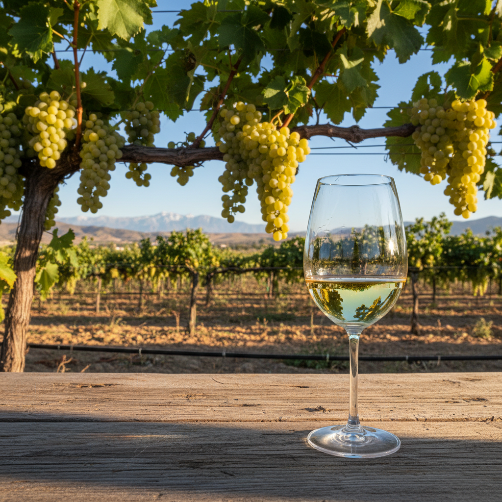 Taça de vinho branco Trebbiano/Ugni Blanc em um vinhedo ensolarado, simbolizando sua presença em terroirs globais além de Itália e França.
