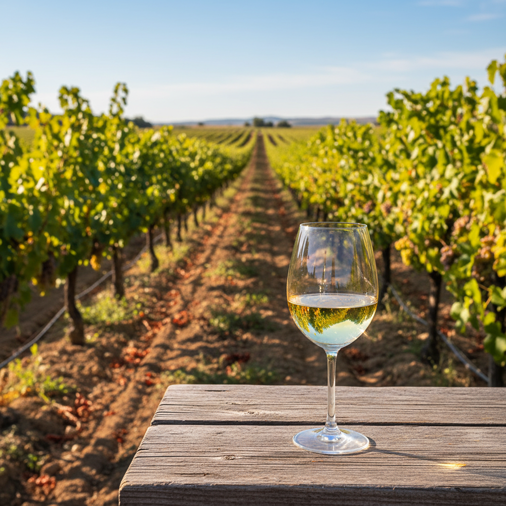 Um copo de vinho branco sobre uma mesa rústica em um vinhedo ensolarado de Airén em La Mancha, Espanha.