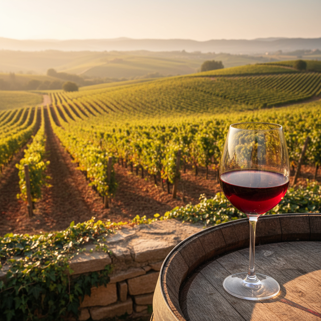 Taça de vinho Aleatico em um vinhedo ensolarado, mostrando a cor rubi do vinho e a beleza do terroir.