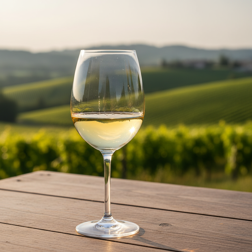Taça de vinho Arneis de cor amarelo-palha, com vinhedos do Piemonte, Itália, em fundo desfocado sob a luz do sol poente.