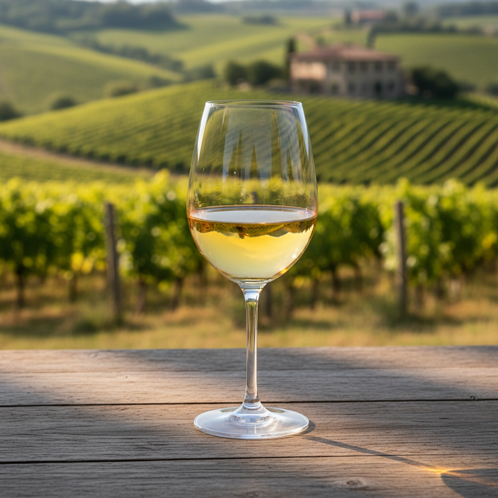 Taça de vinho Arneis com coloração dourada sobre mesa de madeira rústica, com vinhedo italiano ao fundo sob o sol.