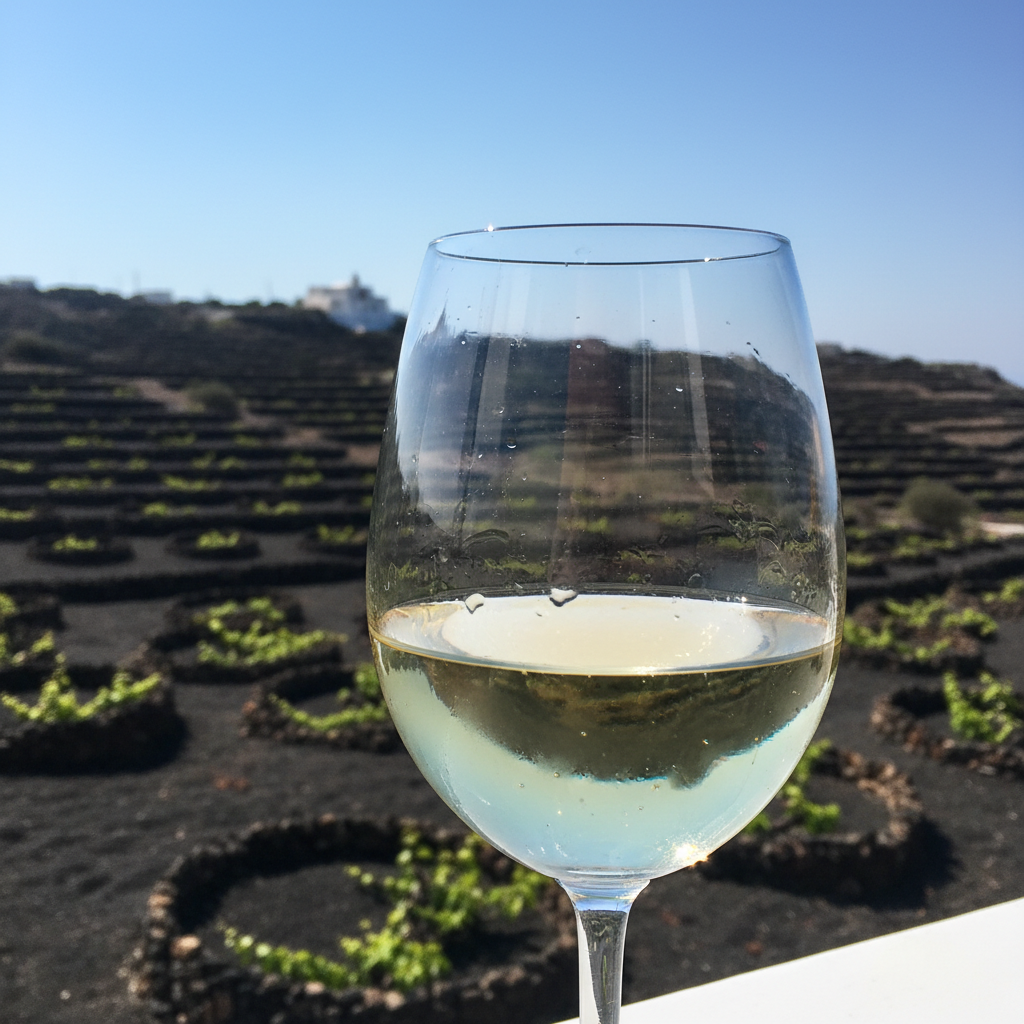 Taça de vinho branco Assyrtiko com reflexos do sol, em vinhedo de Santorini com vinhas em cesto e solo vulcânico ao fundo.