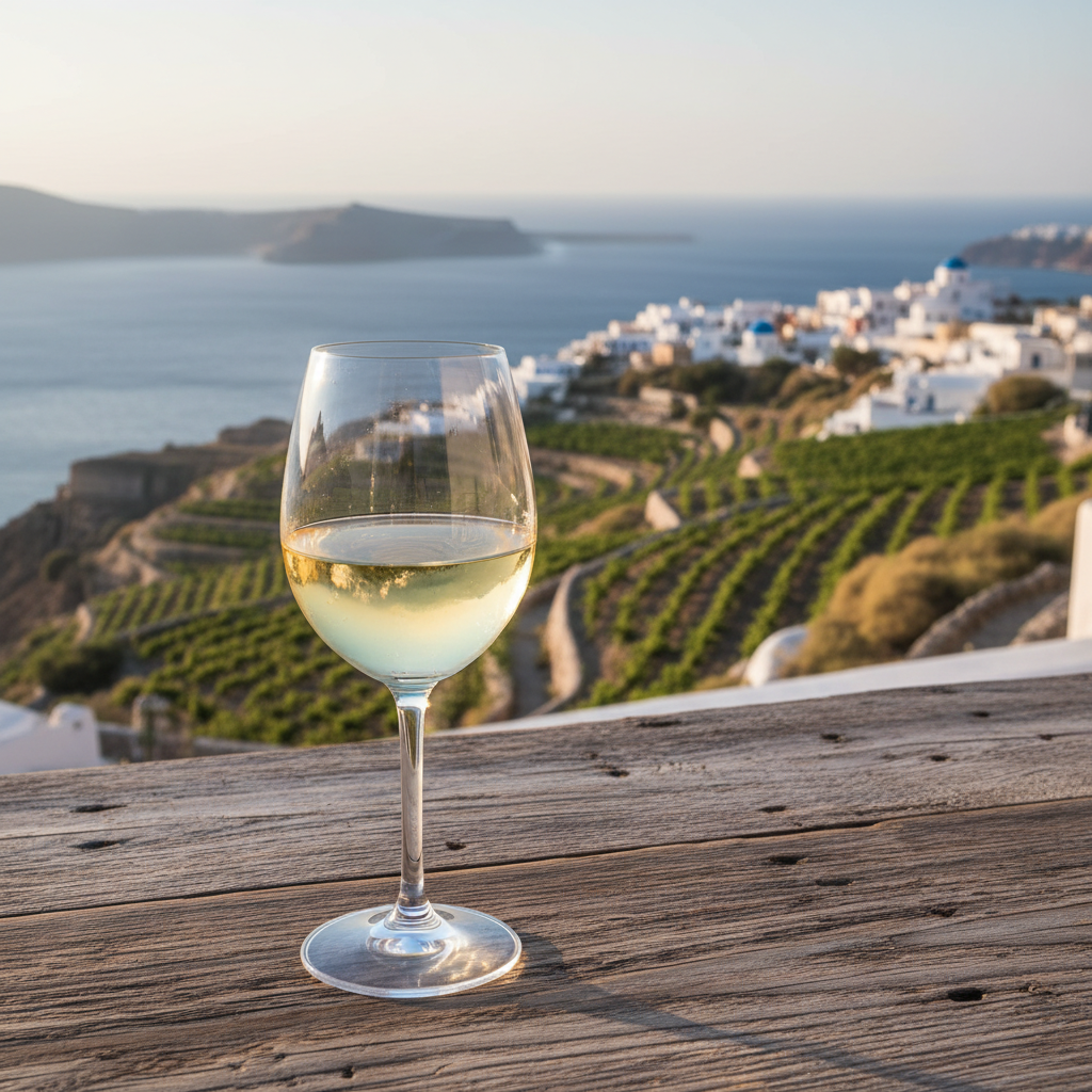 Taça de vinho Assyrtiko em mesa de madeira rústica com vinhedos de Santorini e o Mar Egeu ao fundo.