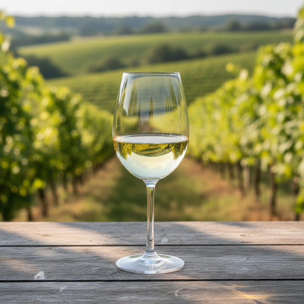 Taça de vinho branco Bacchus em uma mesa de madeira rústica, com um vinhedo verde ensolarado ao fundo.