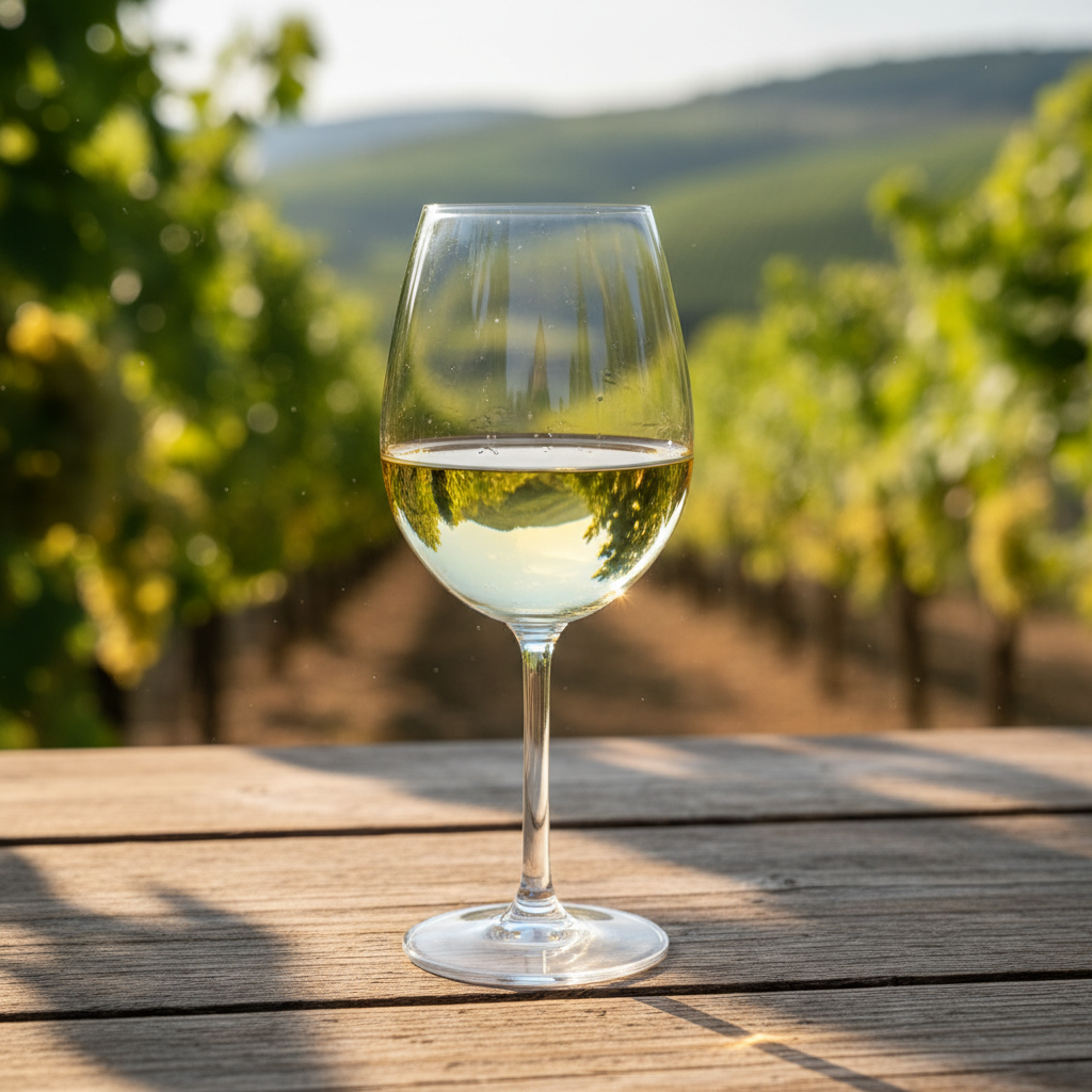 Uma taça de vinho branco Bacchus em uma mesa de madeira rústica, com um vinhedo ensolarado ao fundo, transmitindo frescor e naturalidade.