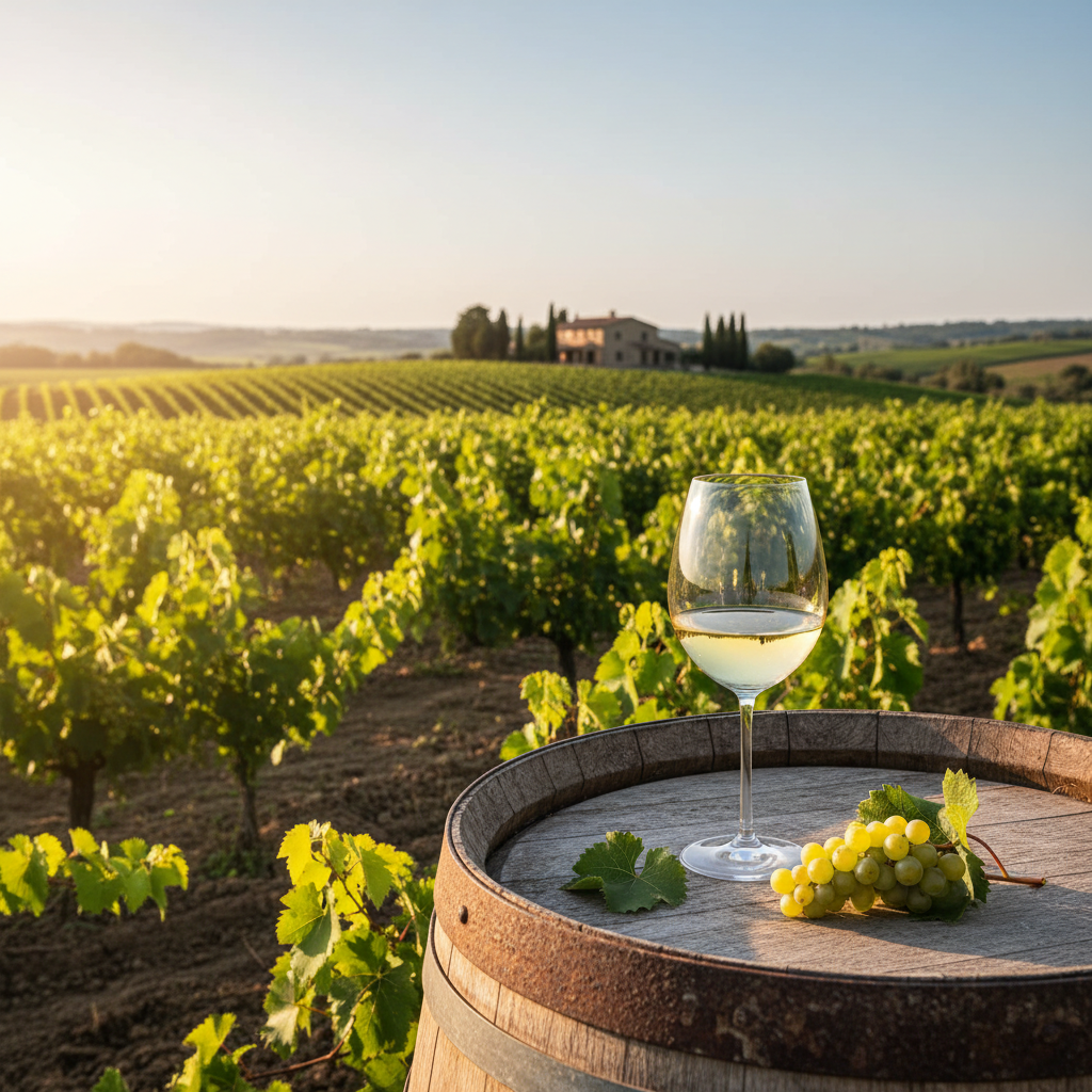 Vinhedo orgânico de uva Bacchus com folhas verdes exuberantes, um barril de madeira rústico e uma taça de vinho branco, simbolizando a produção sustentável.