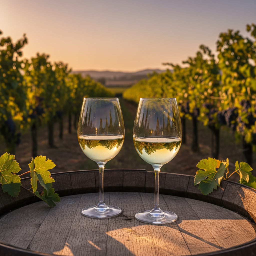 Duas taças de vinho branco, uma de Bacchus e outra de Sauvignon Blanc, em um barril de carvalho rústico em meio a um vinhedo ensolarado.