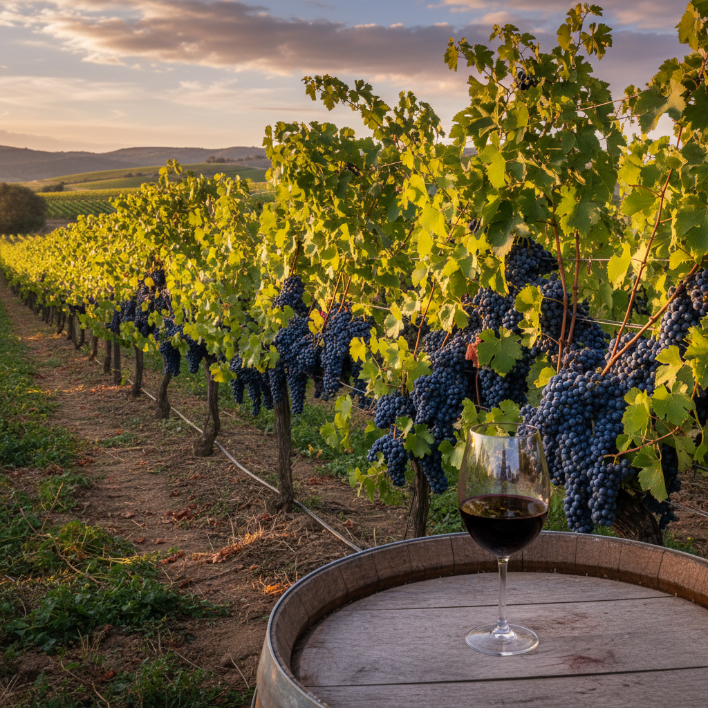Vinhedo de Bonarda na Argentina ao pôr do sol, com uma taça de vinho tinto e um barril de madeira em primeiro plano, destacando a beleza da uva.
