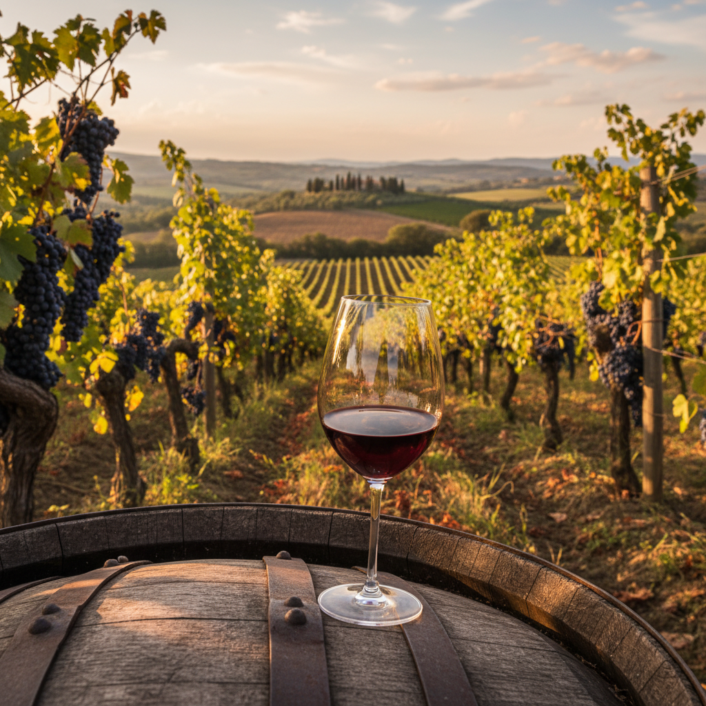 Vinhedo ensolarado de Sangiovese Grosso em Montalcino, Toscana, com uma taça de vinho tinto elegante sobre um barril de carvalho, refletindo a paisagem toscana ao fundo.