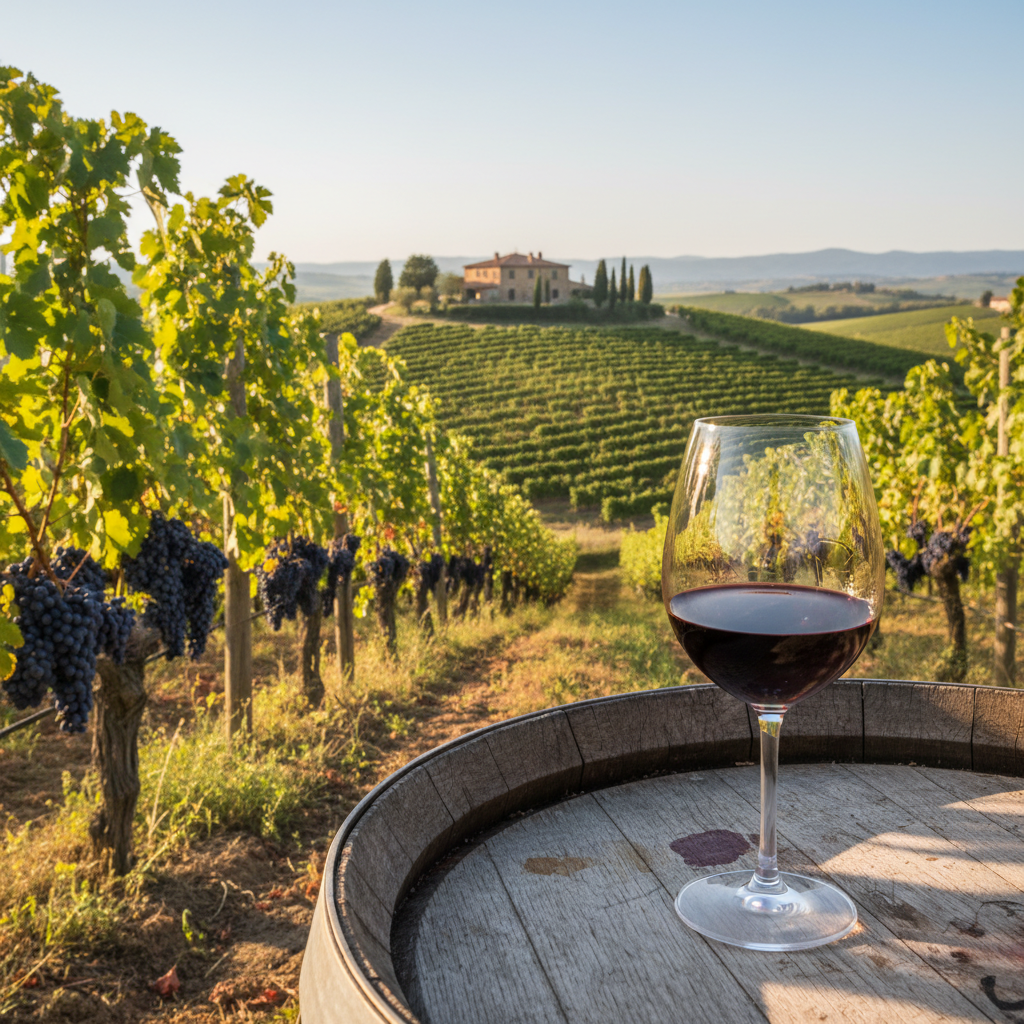 Vinhedo toscano ao pôr do sol com um copo de vinho tinto sobre um barril de carvalho, evocando a riqueza da uva Canaiolo.