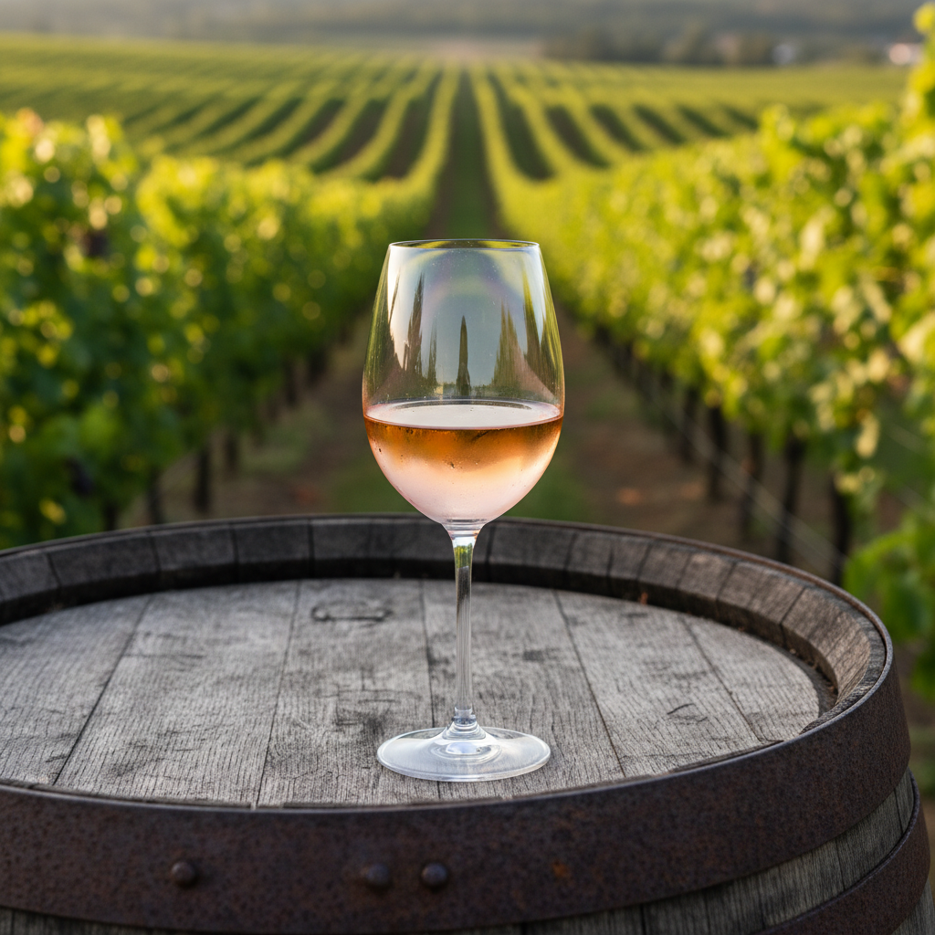 Taça de vinho rosé de Castelão sobre um barril de madeira em adega portuguesa, com vinhedos ao fundo.