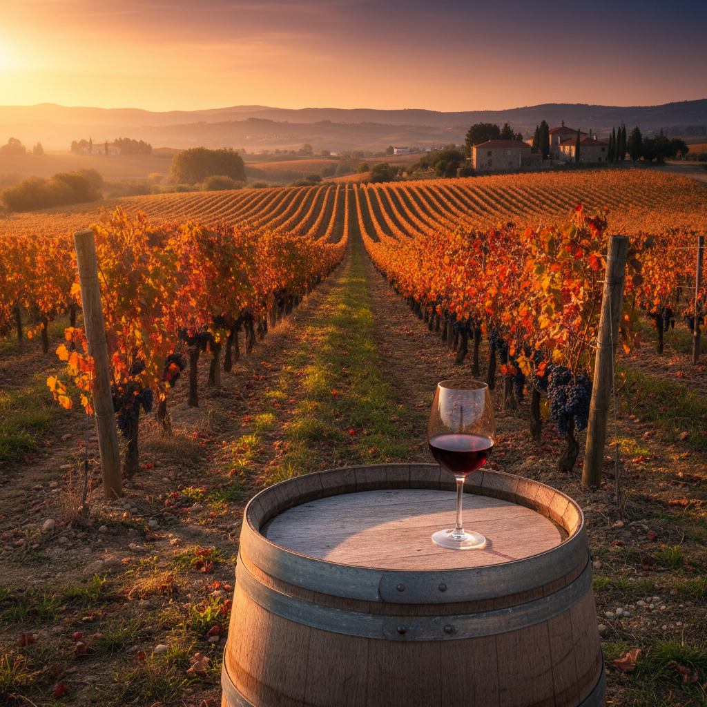 Vinhedo português ao pôr do sol, com um copo de vinho tinto Castelão sobre um barril de carvalho, simbolizando a tradição e a beleza da produção vinícola de Portugal.