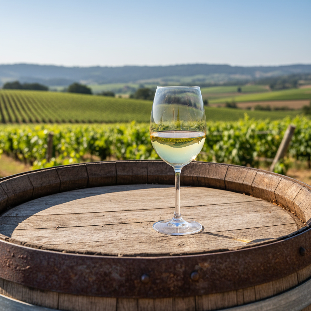 Taça de vinho branco sobre barril de carvalho em vinhedo ensolarado, simbolizando a tradição e o potencial da uva Cayetana Blanca.