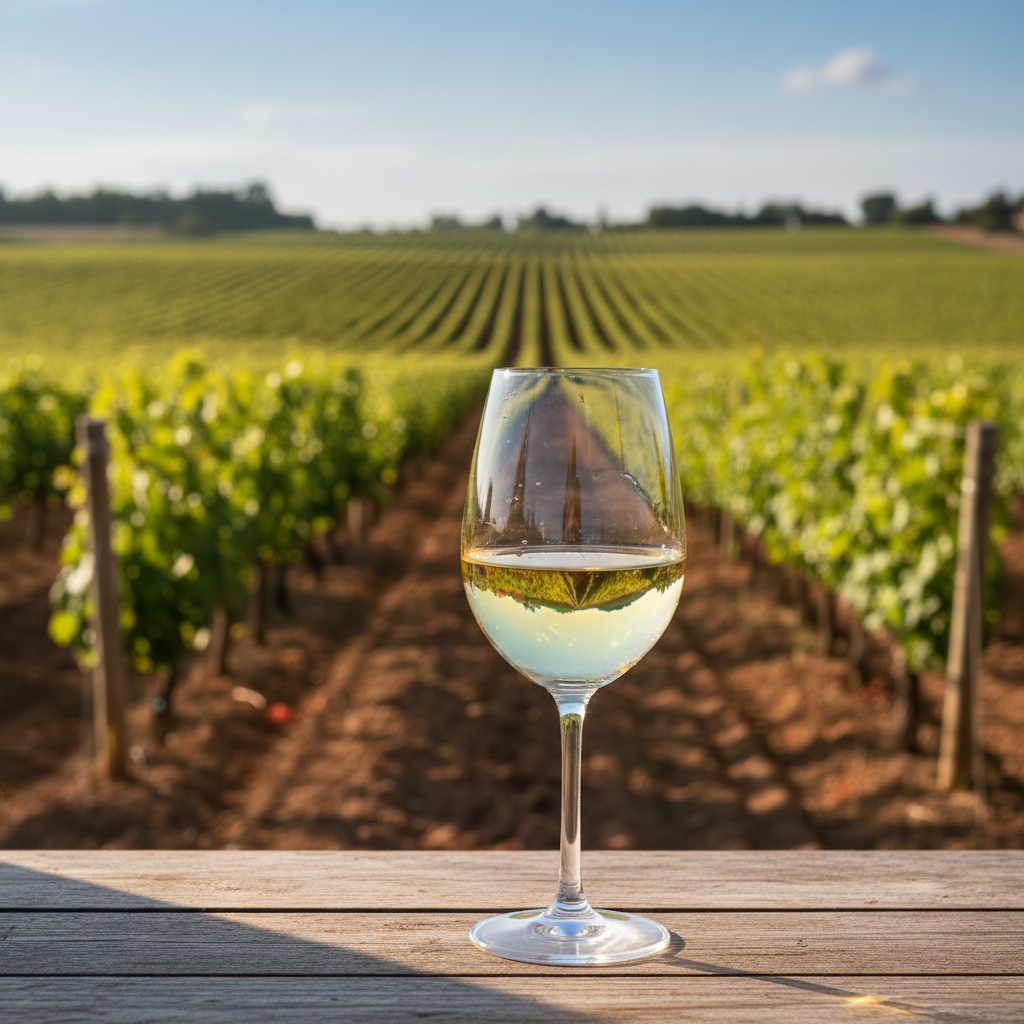 Taça de vinho branco Cayetana Blanca com reflexos dourados em um vinhedo ensolarado de terroir árido.