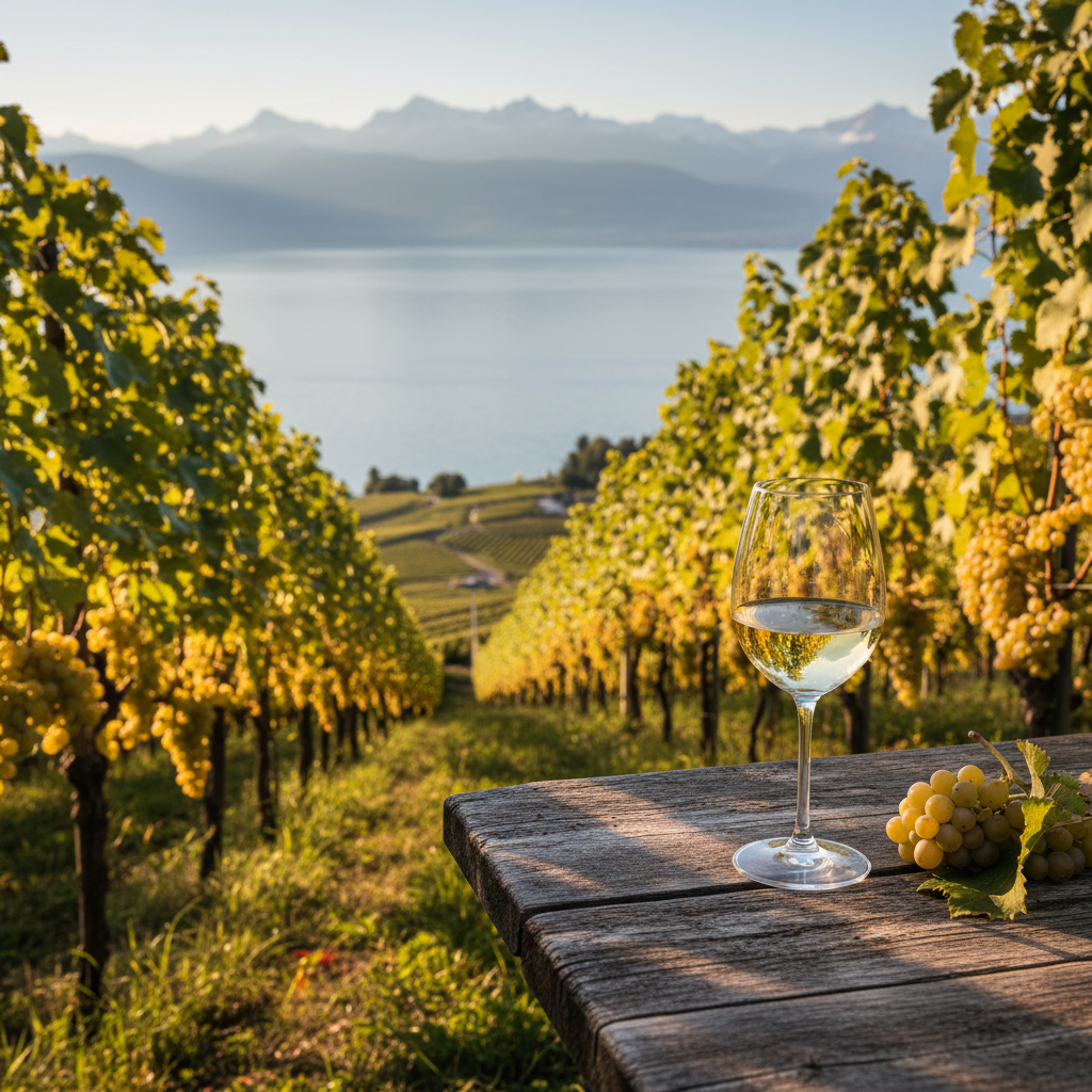 Vinhedo de Chasselas em Lavaux, Suíça, com vista para o Lago Genebra e os Alpes, e uma taça de vinho branco