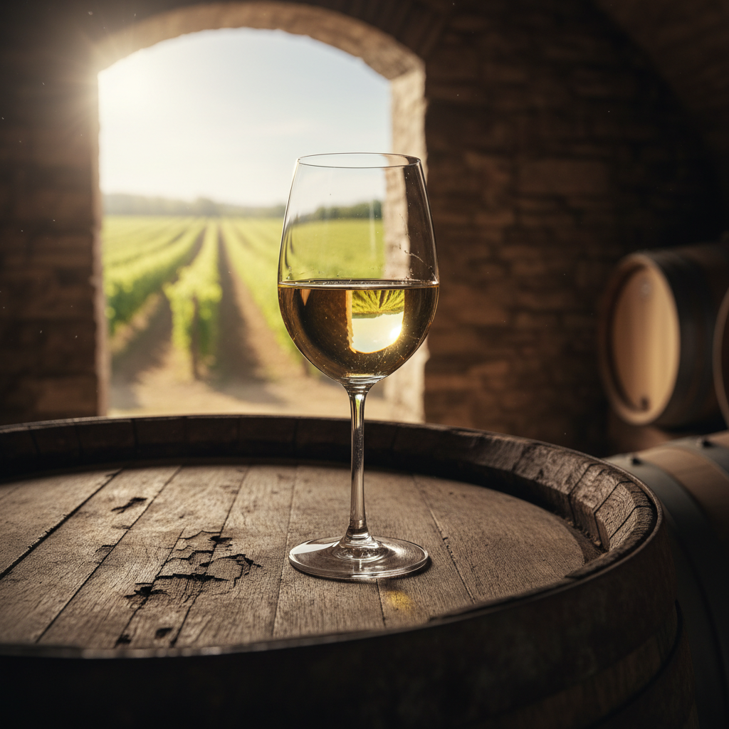 Taça de vinho branco Clairette Blanche em barril de carvalho, com vinhedo ao fundo, em adega rústica.