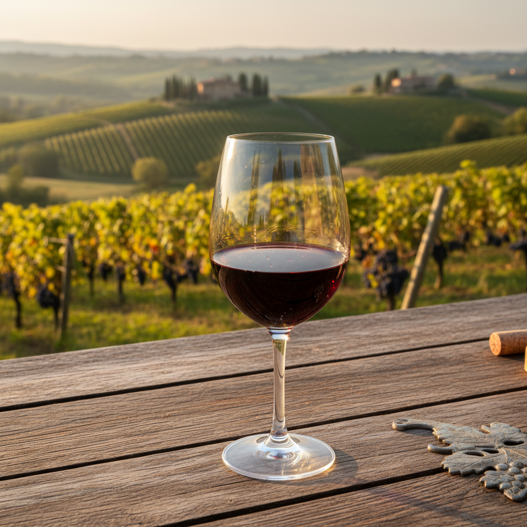 Taça de vinho Dolcetto de cor rubi intensa em mesa rústica, com vinhedos do Piemonte ao fundo.