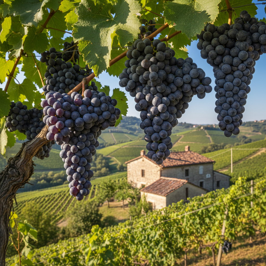 Cachos de uva Dolcetto maduras em um vinhedo ensolarado nas colinas do Piemonte, Itália, com uma casa de campo rústica ao fundo.