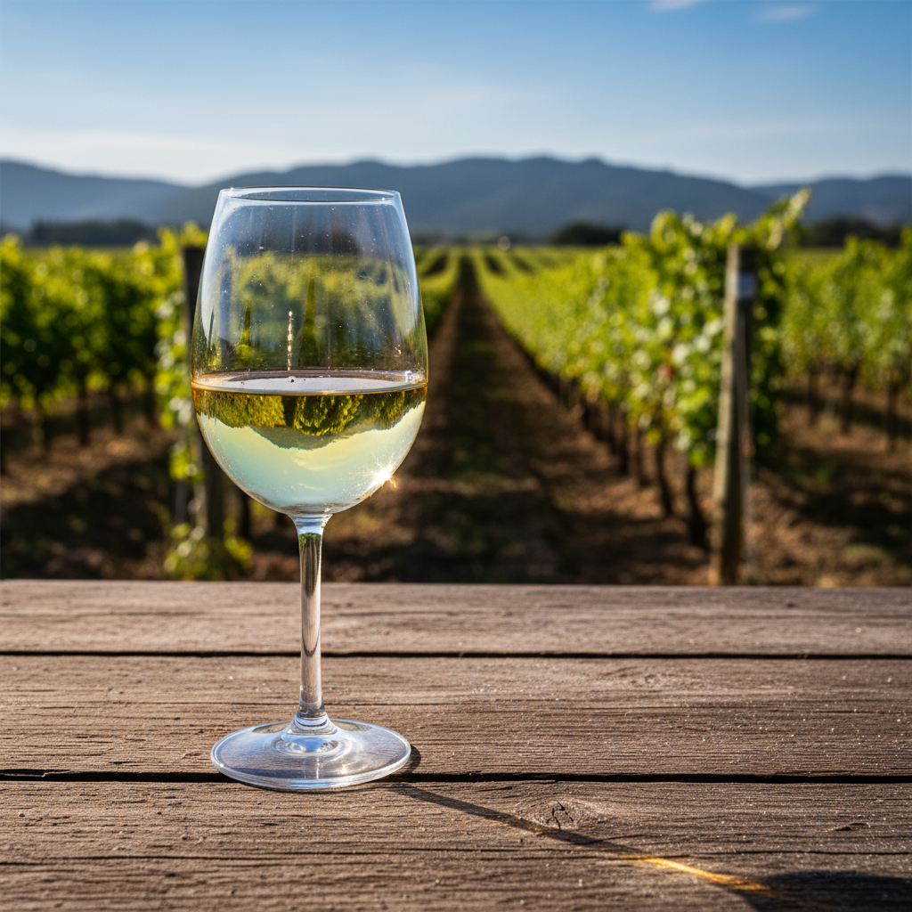 Taça de vinho branco de uva Emir com reflexos dourados sobre uma mesa de madeira rústica, em um vinhedo ensolarado.