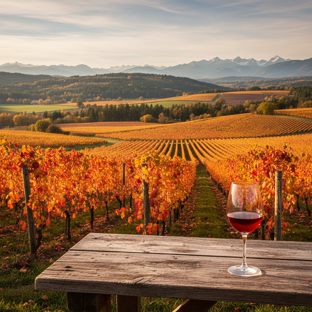 Cenário de vinhedo de Gamay com folhas outonais e um copo de vinho tinto leve em uma mesa rústica, simbolizando a diversidade da uva fora de Beaujolais.