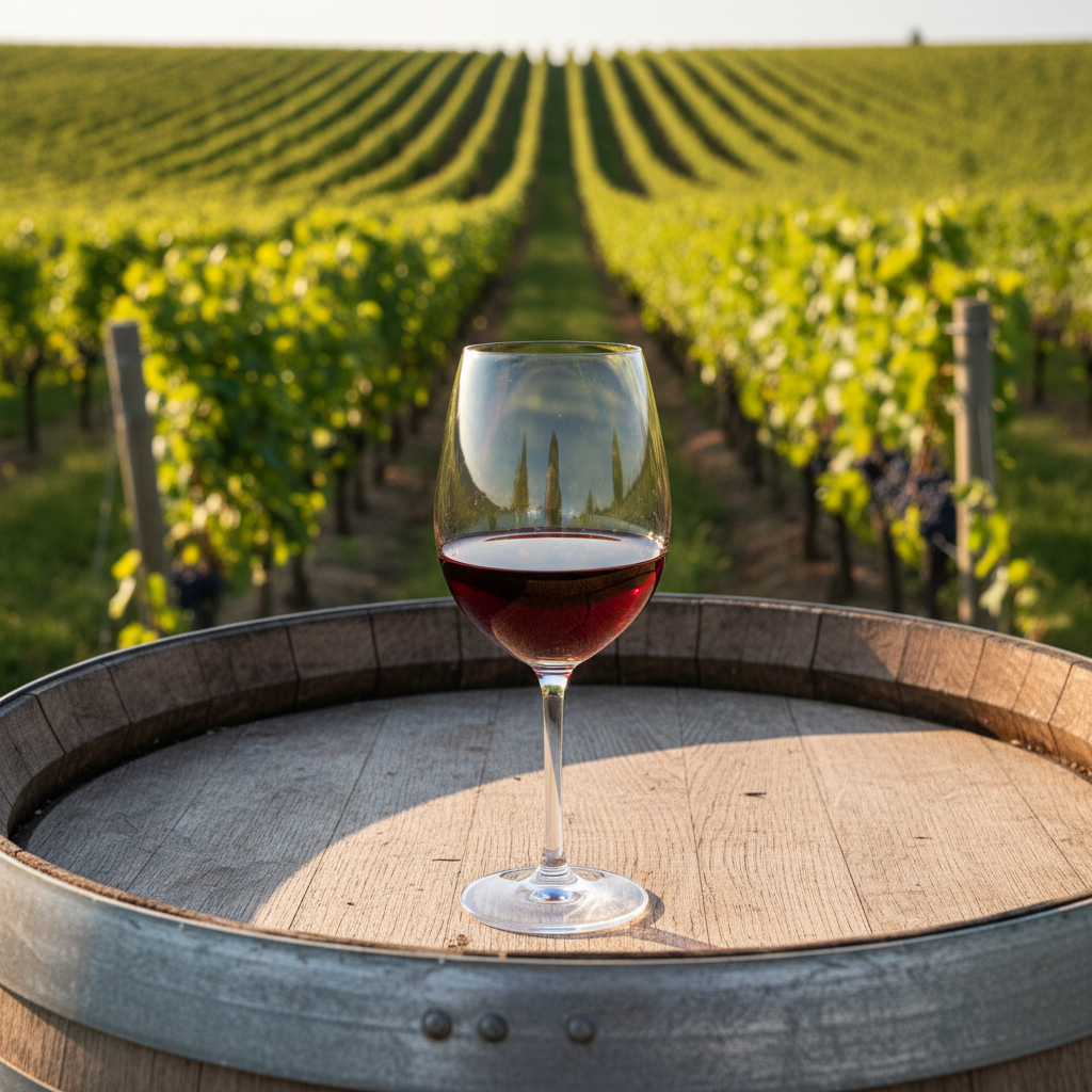 Taça de vinho Gamay em barril de carvalho com vinhedo ao fundo, destacando a cor rubi do vinho.