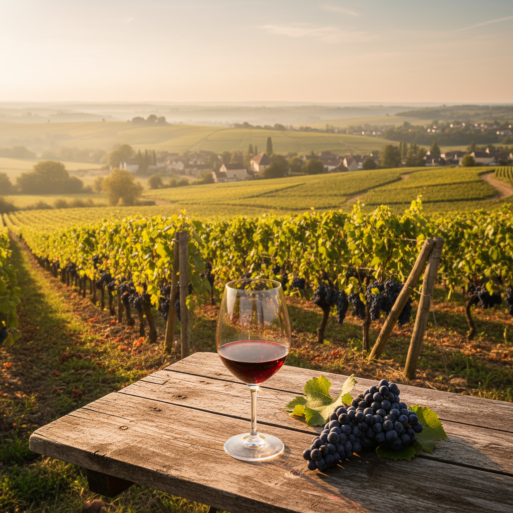 Vinhedo de Gamay em Beaujolais durante a colheita, com um copo de vinho Gamay em primeiro plano, sob a luz do sol.